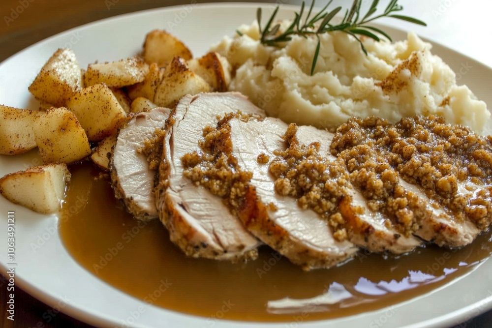 Turkey Dinner: Sliced turkey roast with gravy sauce. Served on a dark plate with, stuffing, mashed potatoes dashed with seasoning. Thanksgiving. Meal.
Turkey Dinner: Sliced turkey roast with gravy sauce. Served on a dark plate with, stuffing, mashed potatoes dashed with seasoning. Thanksgiving. Meal.