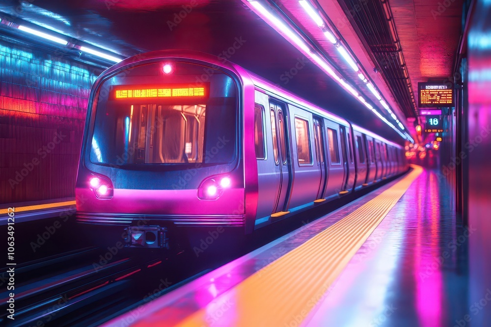 Fototapeta premium dynamic underground subway train speeding through illuminated tunnels reflecting the modern urban experience with neon pink and blue lighting creating a vibrant and energetic atmosphere