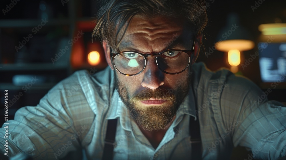 A focused young man with glasses and a beard works intently on his desktop computer in a dimly lit room with warm lighting. A focused young man with glasses and a beard works intently on his desktop computer in a dimly lit room with warm lighting.