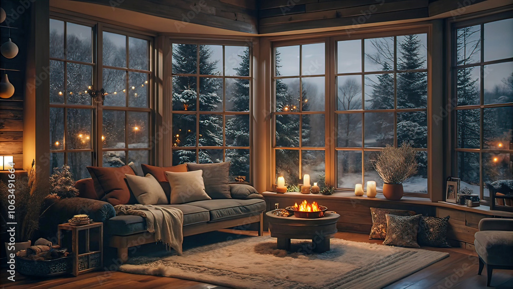 cozy lofi room for winter relaxation, pleasant night lighting with a large window and a view of nature, cozy home interior items cozy lofi room for winter relaxation, pleasant night lighting with a large window and a view of nature, cozy home interior items