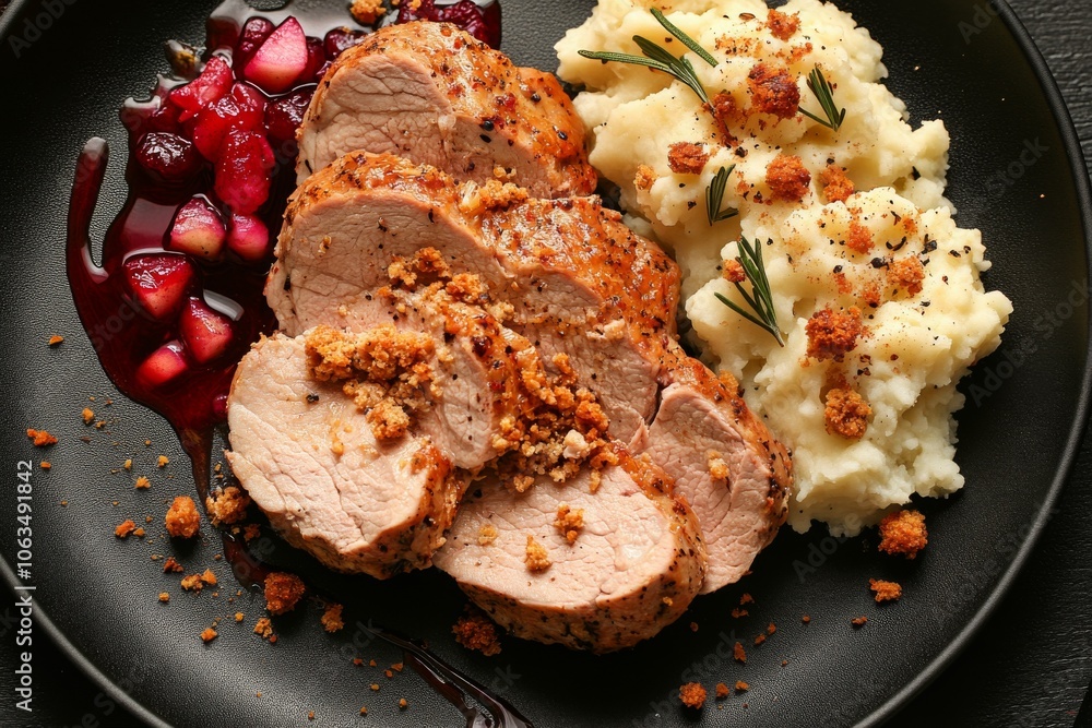 Turkey Dinner: Sliced turkey roast with gravy sauce. Served on a dark plate with, stuffing, mashed potatoes dashed with seasoning, and cranberry sauce. Thanksgiving. Meal.
Turkey Dinner: Sliced turkey roast with gravy sauce. Served on a dark plate with, stuffing, mashed potatoes dashed with seasoning, and cranberry sauce. Thanksgiving. Meal.
