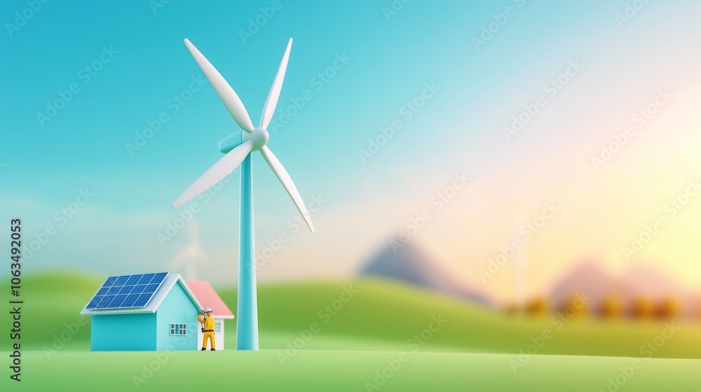 Obraz premium Toy engineer wind turbine solar-powered house eco-friendly landscape in blue sky worker educational model homes village green energy sustainable