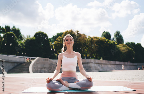 Young woman practicing yoga outdoors in a seated lotus pose. She sits peacefully with a slight smile, radiating calmness, surrounded by trees under a partly cloudy sky. Ideal for wellness themes photo