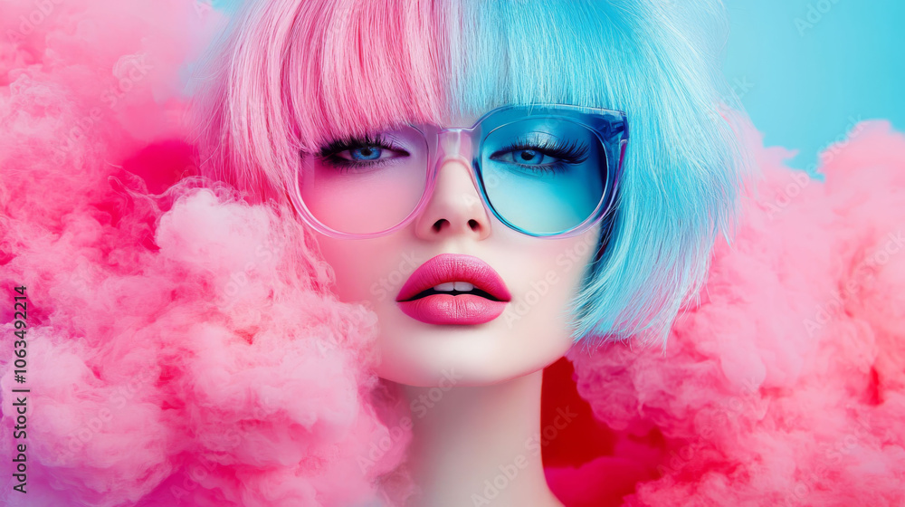 A woman with purple hair and sunglasses is looking up at the camera A woman with purple hair and sunglasses is looking up at the camera