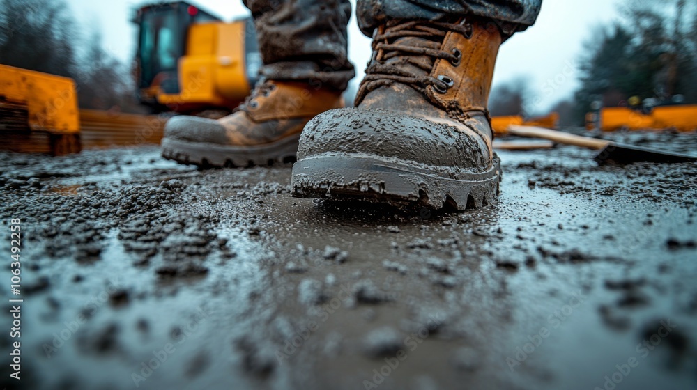 A construction worker stands on wet cement, the heavy boots sinking slightly into the surface. The scene depicts a cloudy day at a busy construction site, emphasizing hard work and effort. A construction worker stands on wet cement, the heavy boots sinking slightly into the surface. The scene depicts a cloudy day at a busy construction site, emphasizing hard work and effort.