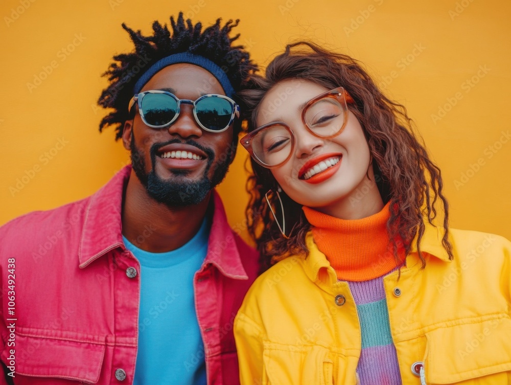 Two smiling people in colorful jackets stand in front of a vibrant yellow background, exuding joy and style. Two smiling people in colorful jackets stand in front of a vibrant yellow background, exuding joy and style.