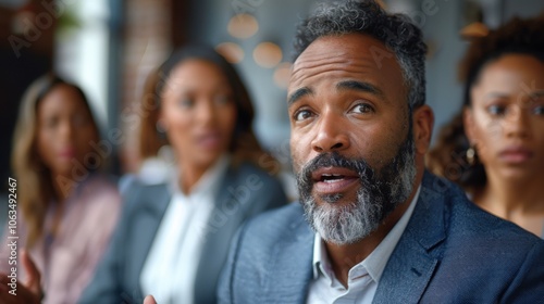 A businessman discusses a new strategy in a meeting, capturing the attention of colleagues. The setting is professional and collaborative.