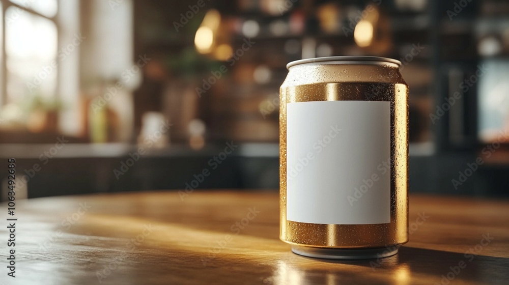 A can sits on a wooden table, featuring a blank white label for customizable design options. A can sits on a wooden table, featuring a blank white label for customizable design options.