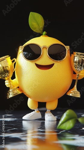 
cute chibbi 3d blender apple character wearing gangster meme sunglasses holding a champion trophy  photo