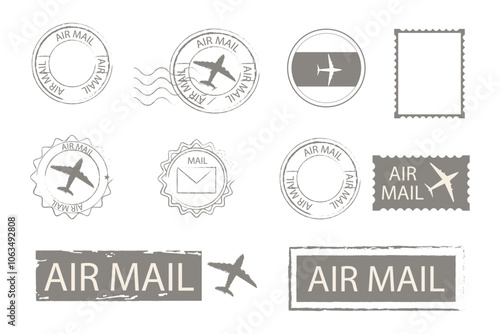 Air mail set blank postal stamps and marks. Retro Vintage postage card decorations. Blank template. Airmail text, plane collection.