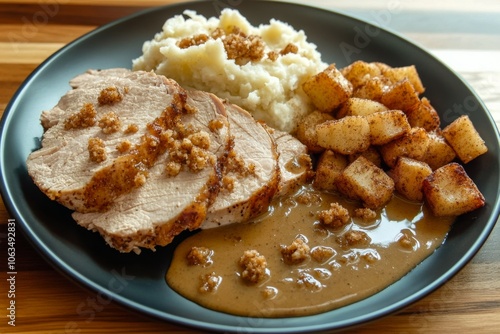 Turkey Dinner: Sliced turkey roast with gravy sauce. Served on a dark plate with, stuffing, mashed potatoes dashed with seasoning, and diced cinnamon apples. Thanksgiving. Meal. 