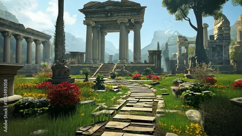 A stone path winds through the ruins of an ancient city, leading to a towering archway
