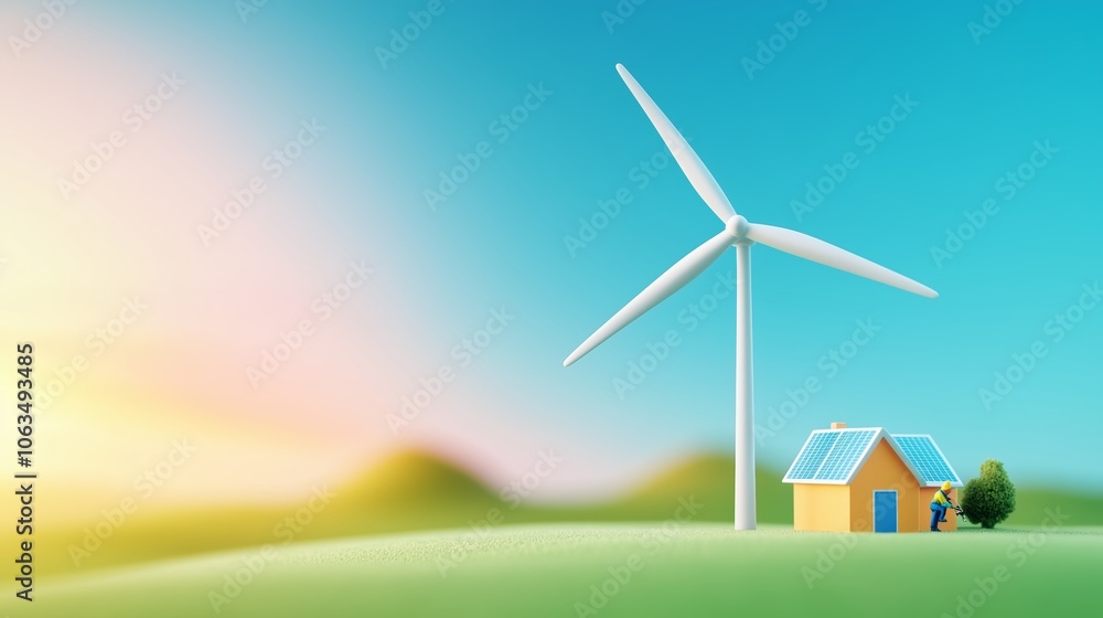 Fototapeta premium Toy worker fixing eco house solar panels wind turbine theme green energy in blue sky educational model solar-powered homes eco-friendly village