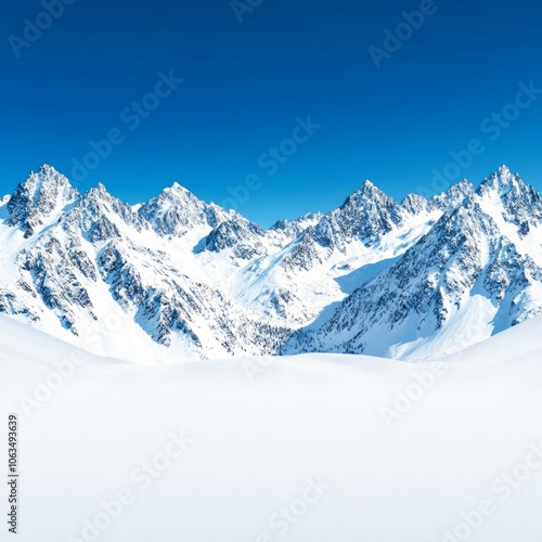 Snowy mountain landscape under a clear blue sky.