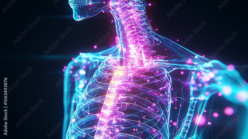 Abstract holographic X-ray of animal skeleton in 3D, bones and organs lit in soft, radiant colors, minimalist yet striking digital display Abstract holographic X-ray of animal skeleton in 3D, bones and organs lit in soft, radiant colors, minimalist yet striking digital display