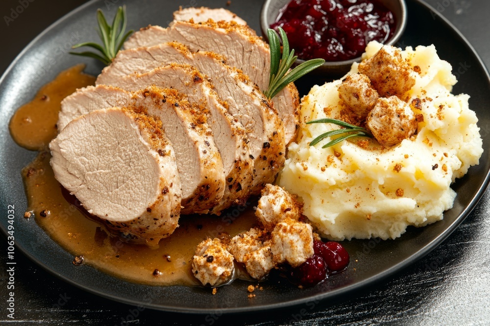 Turkey Dinner: Sliced turkey roast with gravy sauce. Served on a dark plate with, stuffing, mashed potatoes dashed with seasoning, and cranberry sauce. Thanksgiving. Meal.
Turkey Dinner: Sliced turkey roast with gravy sauce. Served on a dark plate with, stuffing, mashed potatoes dashed with seasoning, and cranberry sauce. Thanksgiving. Meal.