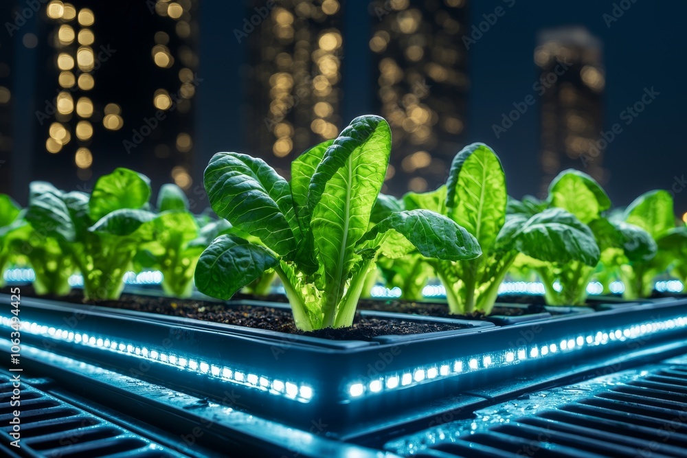 A vibrant hydroponic garden thrives at night, illuminated by glowing lights against a backdrop of tall city buildings. A vibrant hydroponic garden thrives at night, illuminated by glowing lights against a backdrop of tall city buildings.