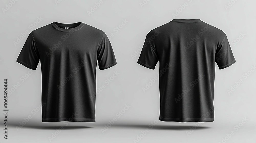 A mockup featuring two black t-shirts on a gray background, highlighting both front and back views in a clean presentation. A mockup featuring two black t-shirts on a gray background, highlighting both front and back views in a clean presentation.