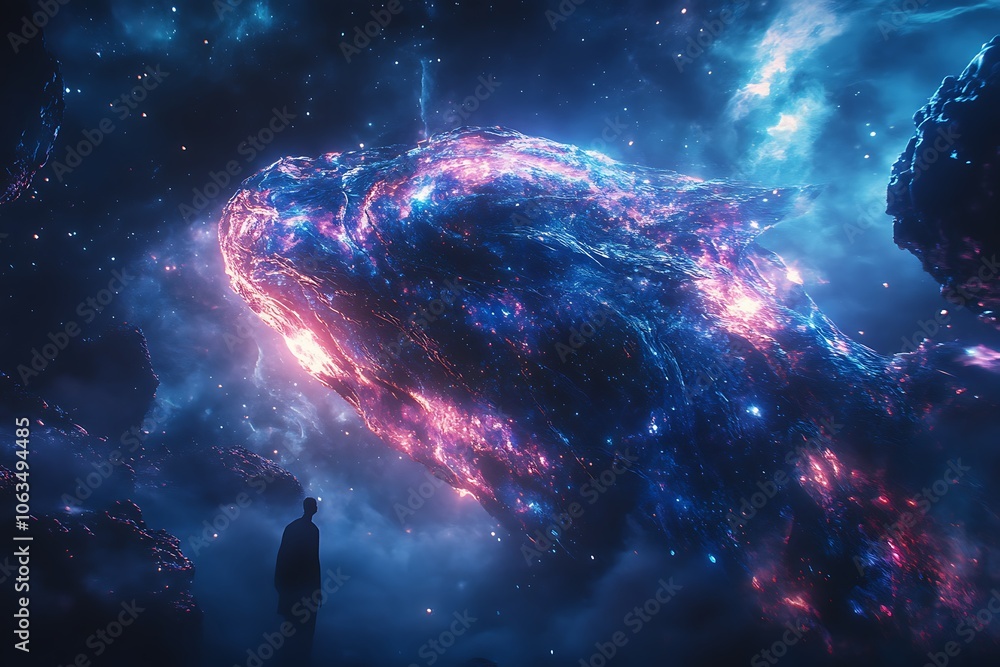 A cosmic scene featuring a silhouette gazing at a vibrant, celestial entity. A cosmic scene featuring a silhouette gazing at a vibrant, celestial entity.
