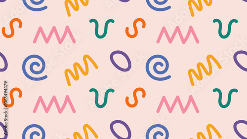 Simple childish doodle background. Abstract hand drawn line shapes seamless pattern. Fun colorful scribble backdrop