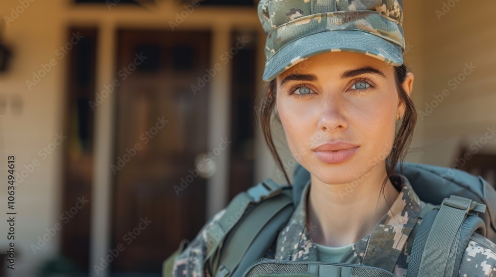 A thoughtful female soldier in camouflage stands confidently outdoors, gazing into the distance. Her expression conveys determination and strength. A thoughtful female soldier in camouflage stands confidently outdoors, gazing into the distance. Her expression conveys determination and strength.