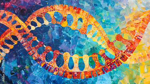 Vivid, textured DNA helix with bright colors on a dynamic swirling background.