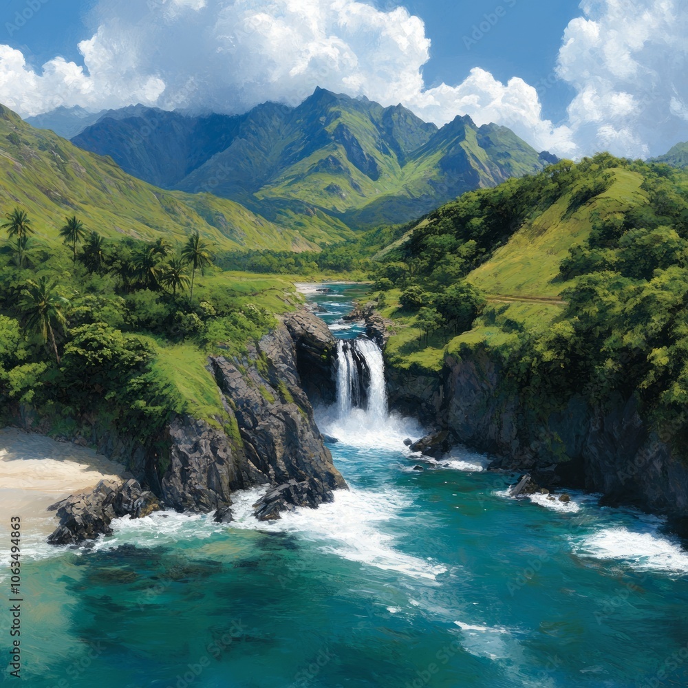 A serene landscape featuring a waterfall, lush greenery, and mountains. A serene landscape featuring a waterfall, lush greenery, and mountains.