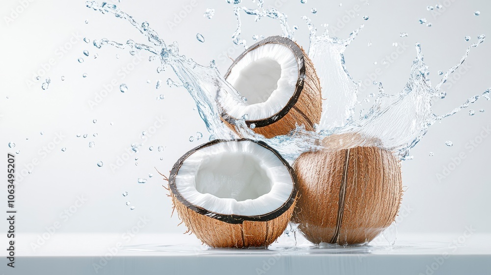 Fresh Coconut Halves with Splashing Water Effect Fresh Coconut Halves with Splashing Water Effect