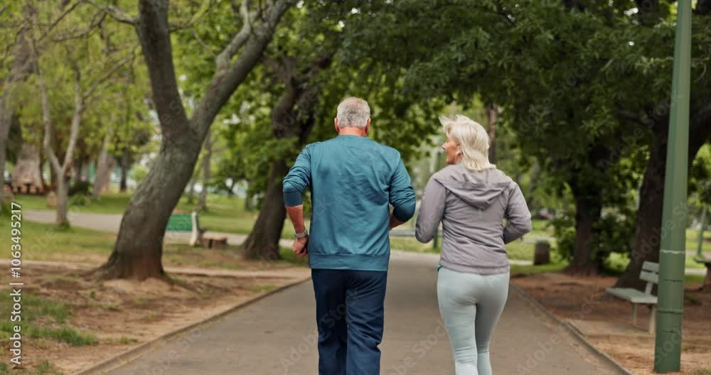 Running, park and back of senior couple for exercise, training and cardio workout together. Retirement, marriage and mature man and woman do fitness outdoors for wellness, healthy and mobility Running, park and back of senior couple for exercise, training and cardio workout together. Retirement, marriage and mature man and woman do fitness outdoors for wellness, healthy and mobility