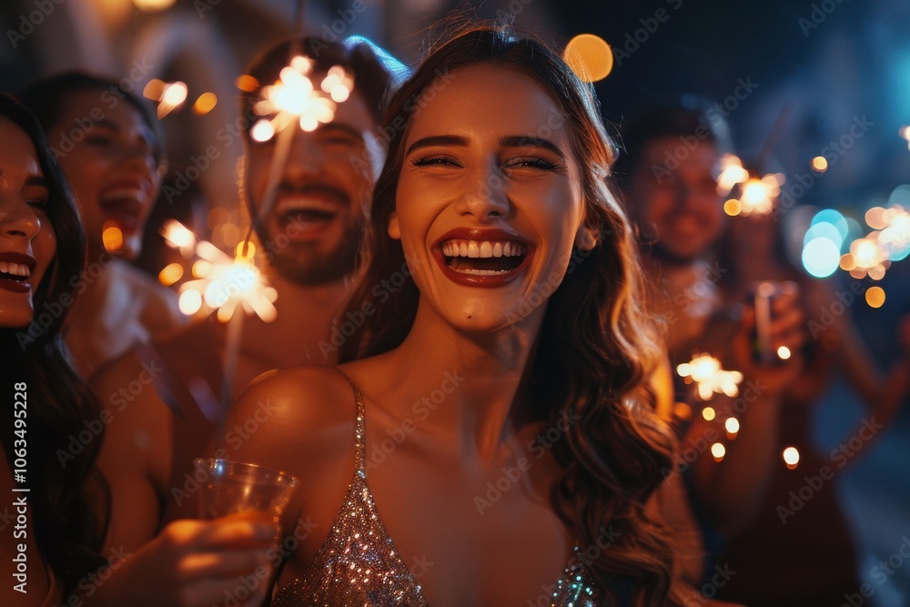 A joyful group of friends celebrating at night with sparklers, capturing the festive spirit and warmth of the holiday season. A joyful group of friends celebrating at night with sparklers, capturing the festive spirit and warmth of the holiday season.
