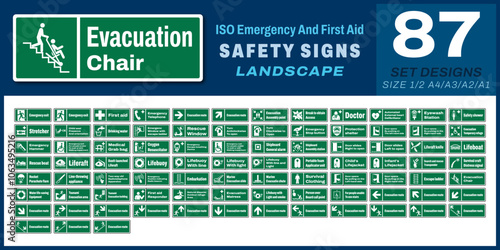 87 set iso emergency and first aid safety signs v60_evacuation chair_landscape size 1/2 a4,a3,a2,a1	
