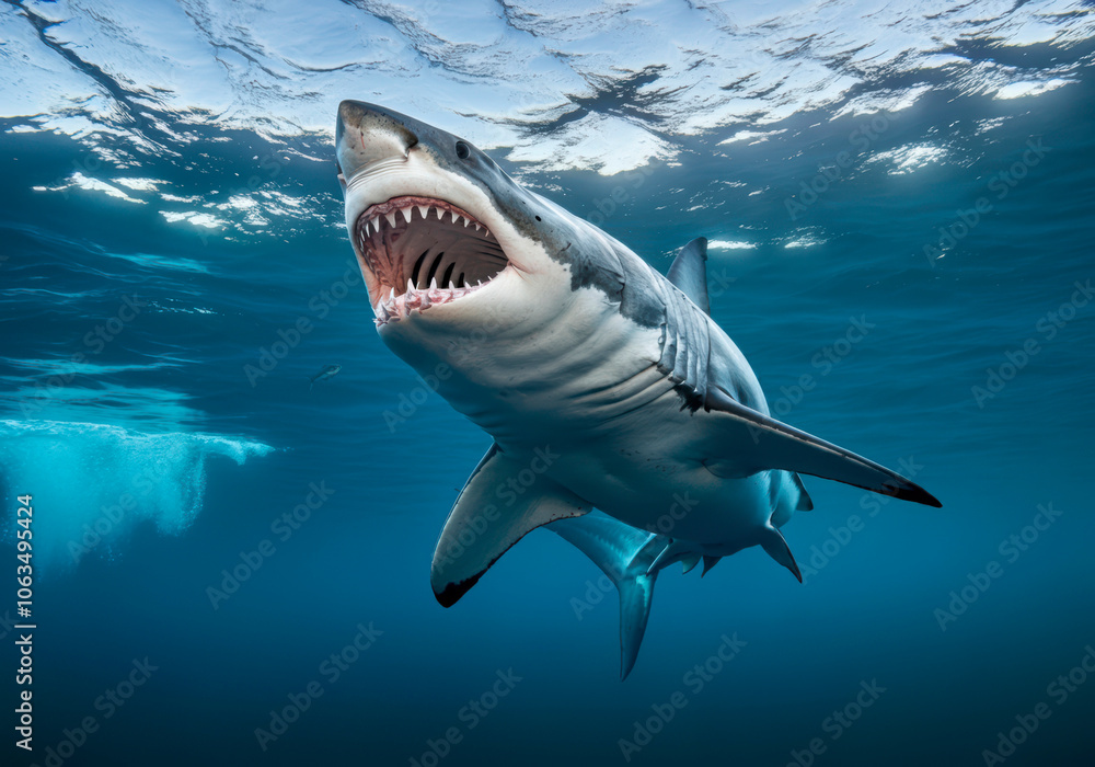 Fototapeta premium Ocean shark front-bottom view from below. Open toothy dangerous mouth with many teeth. Underwater blue sea waves