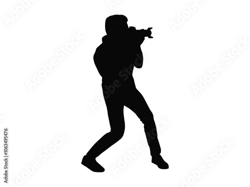 Photographer full body silhouette illustration. boy taking picture using camera.
