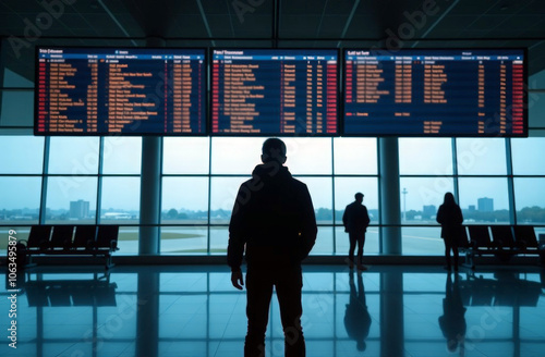 silhouette man stand before large screen displaying flight information in an evening airport. Business trip, travel, flight, air tour concept.  photo