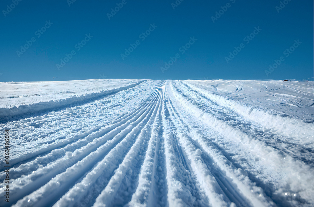 Groomed Snow Trails in Winter Landscape, Freshly Made Tracks, Winter Sports Terrain, Outdoor Adventure, Snow-Covered Field Groomed Snow Trails in Winter Landscape, Freshly Made Tracks, Winter Sports Terrain, Outdoor Adventure, Snow-Covered Field