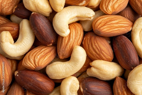 A close-up view of a variety of nuts including almonds, cashews, and walnuts arranged together on a textured surface photo