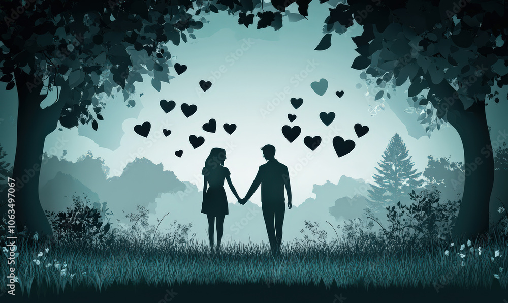 loving couple walking hand in hand in magical forest with hearts floating around them loving couple walking hand in hand in magical forest with hearts floating around them
