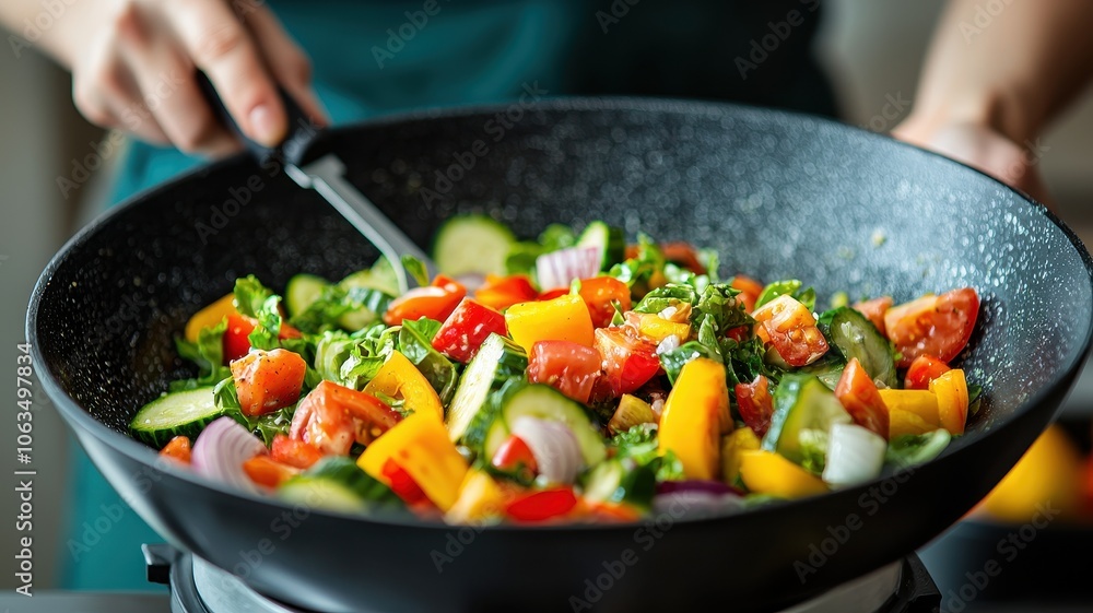 A colorful medley of fresh vegetables being sautéed in a pan, highlighting healthy cooking and vibrant food preparation. A colorful medley of fresh vegetables being sautéed in a pan, highlighting healthy cooking and vibrant food preparation.