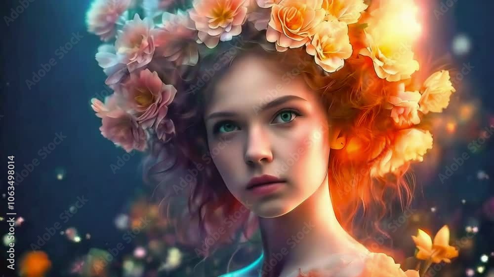 Portrait of cute fairy in ethnic flower wreath Portrait of cute fairy in ethnic flower wreath