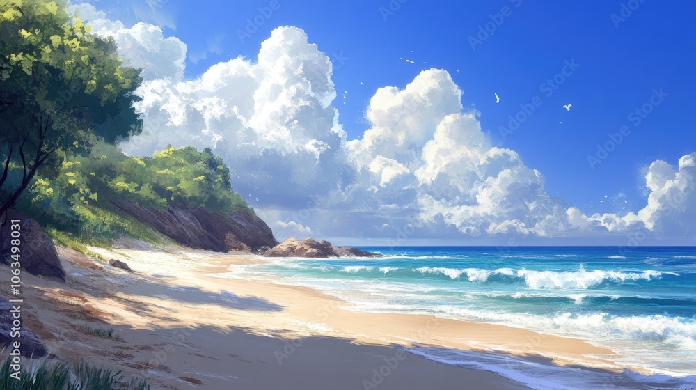 Sunny beach scene with clear blue ocean and sky, beach, sea, ocean, sand, shore, waves, sunny, sunlight, blue sky. Sunny beach scene with clear blue ocean and sky, beach, sea, ocean, sand, shore, waves, sunny, sunlight, blue sky.