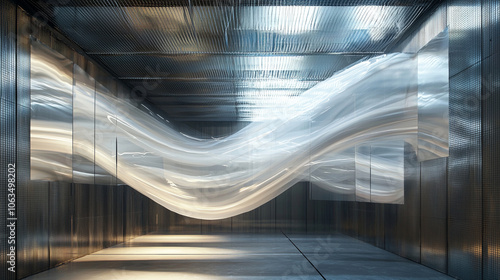 A person in a dark room with dynamic blue and pink light patterns, creating a futuristic feel. photo