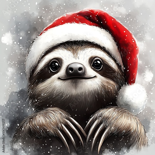 Adorable digital painting of a smiling sloth wearing a festive Santa hat : Generative AI photo