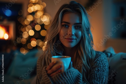 A woman with blonde hair smiles warmly while holding a cup of coffee. She is cozily dressed for winter, with a fireplace and blurred Christmas lights in the background.