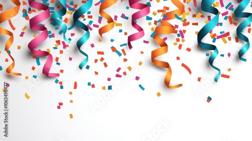 Colorful confetti and ribbons for festive celebrations on white background. photo