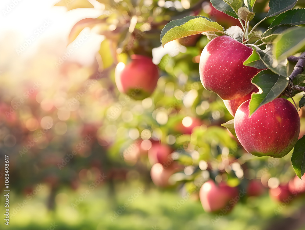 Lush apple orchard with ripe red apples hanging on trees, ready for harvest in autumn. Lush apple orchard with ripe red apples hanging on trees, ready for harvest in autumn.