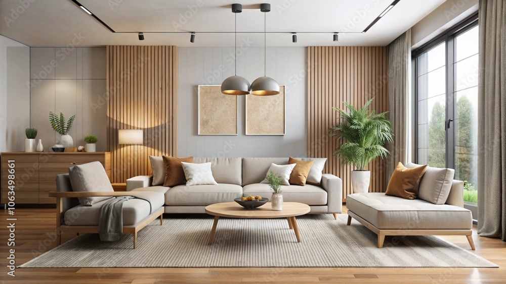 Fototapeta premium Modern minimalist living room with neutral tones