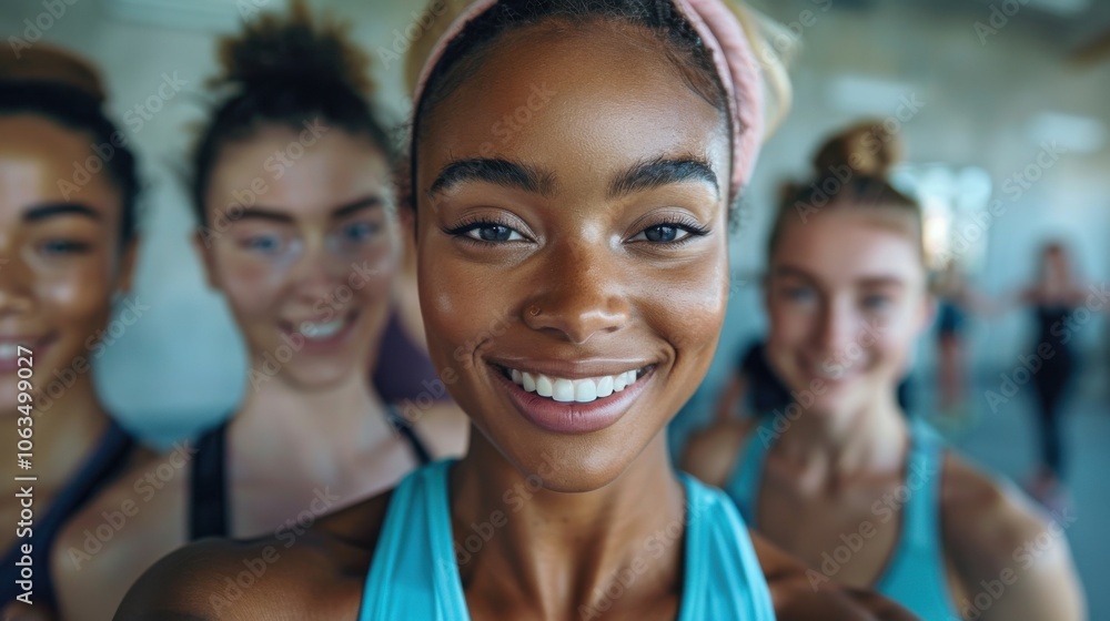 Four smiling women taking a selfie after a workout session, showcasing friendship and a healthy lifestyle in a bright, modern gym. Four smiling women taking a selfie after a workout session, showcasing friendship and a healthy lifestyle in a bright, modern gym.