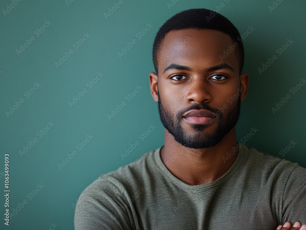 A confident man stands against a solid green wall, portraying a sense of success and determination. The image is vibrant and well-lit. A confident man stands against a solid green wall, portraying a sense of success and determination. The image is vibrant and well-lit.