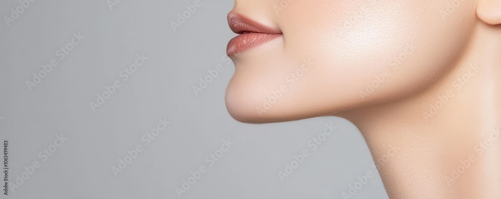 Profile of a woman showcasing smooth skin and elegant jawline, gray background. Profile of a woman showcasing smooth skin and elegant jawline, gray background.