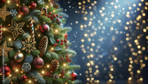 Christmas and New Year background. Decorated Christmas tree with shiny balls and garlands with bokeh texture. The atmosphere of celebration and magic